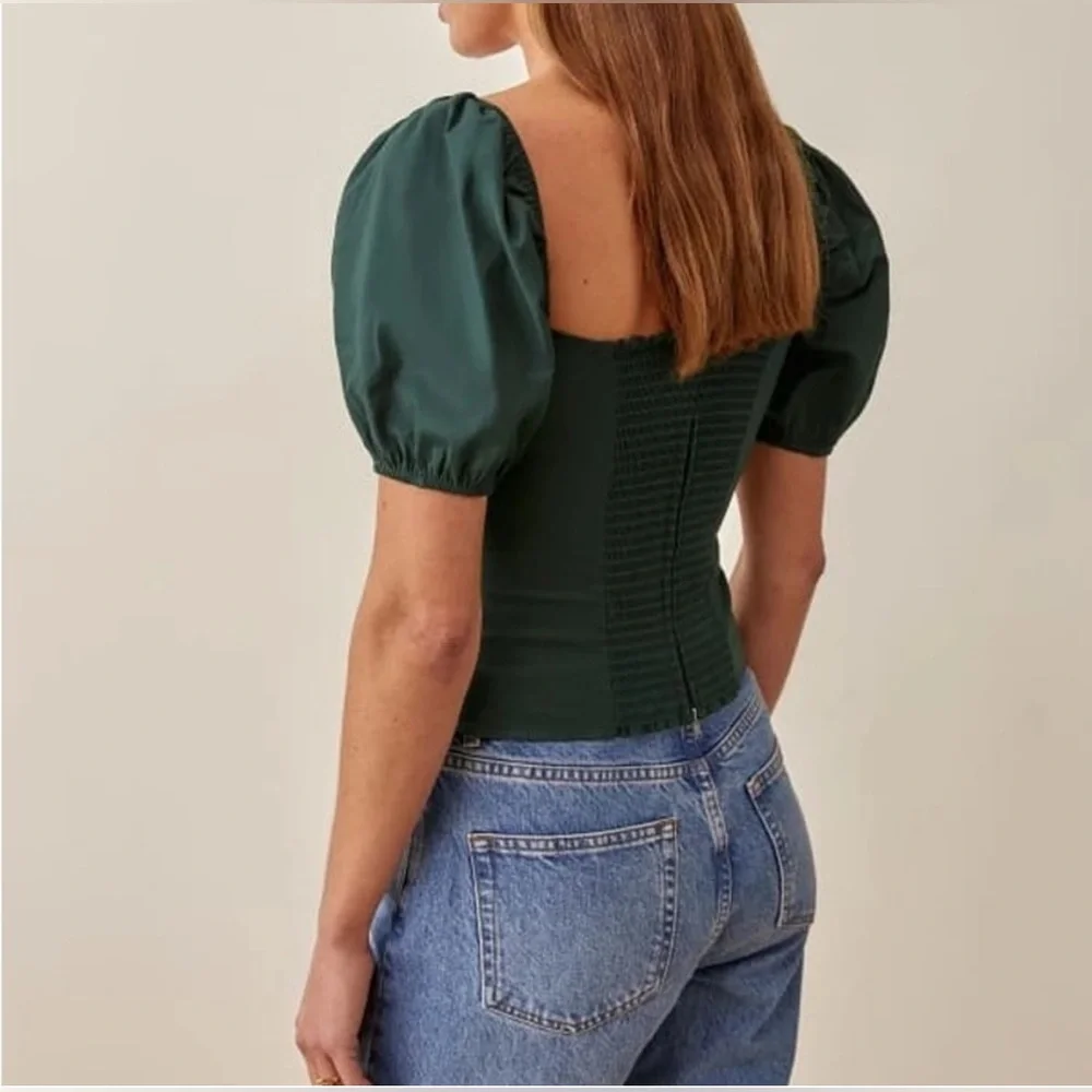 Reformation Radish Top in Forest Green Ruched Puff Sleeve Smocked Cotton Size 6 - Picture 3 of 6